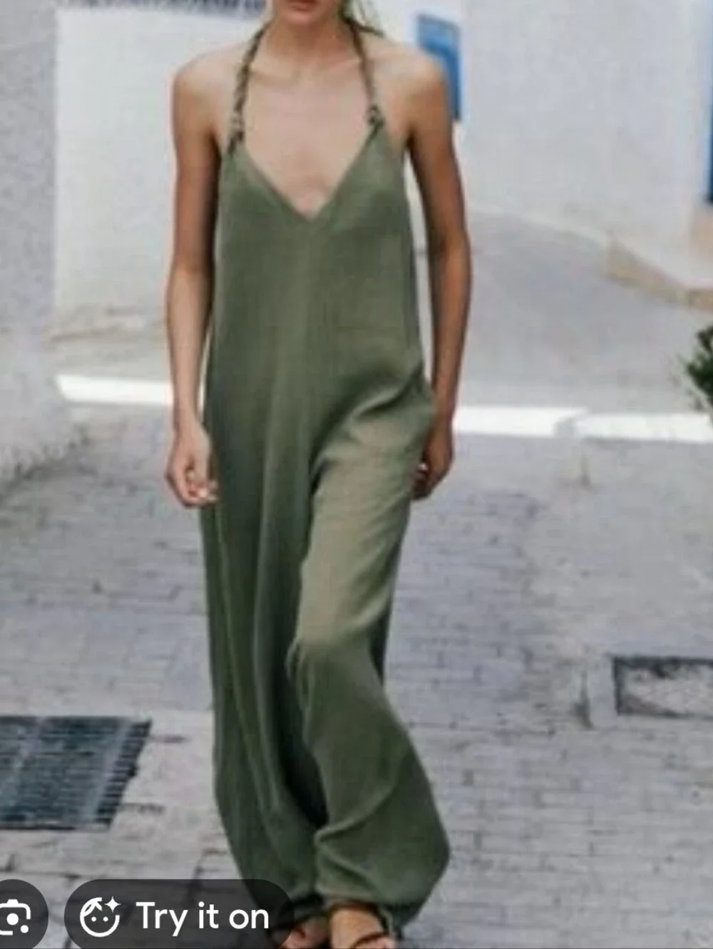 Zara Olive Green Halter Neck Maxi Jumpsuit